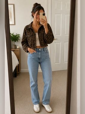 IVIVI Leopard Cropped Denim Jacket